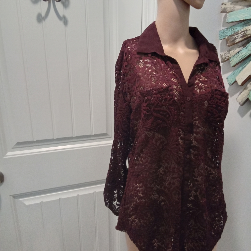 Lace Button-Front Shirt - Wine